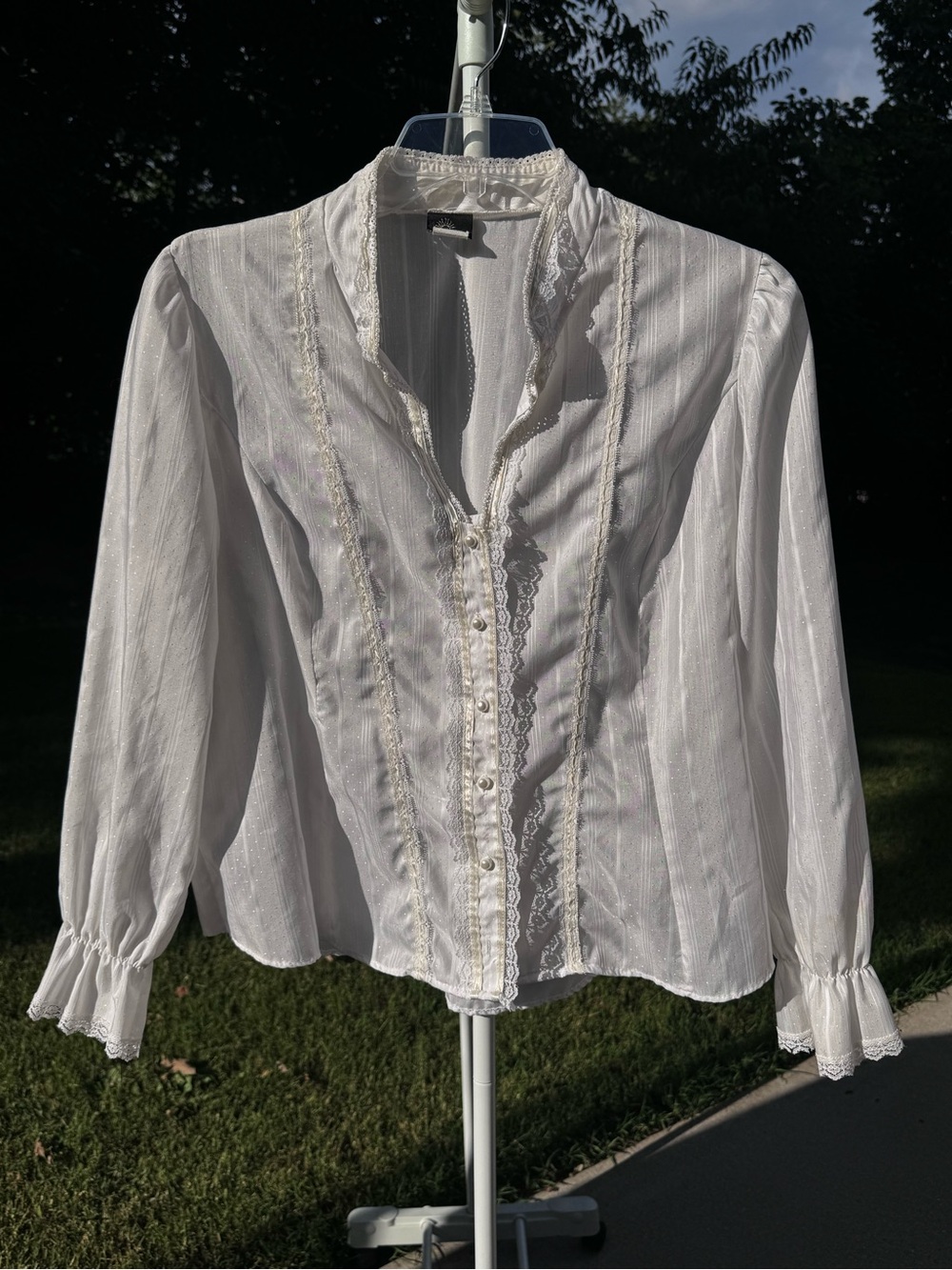 Women's White Lace-Trim Button Down Blouse - Feminine Ruffled Top